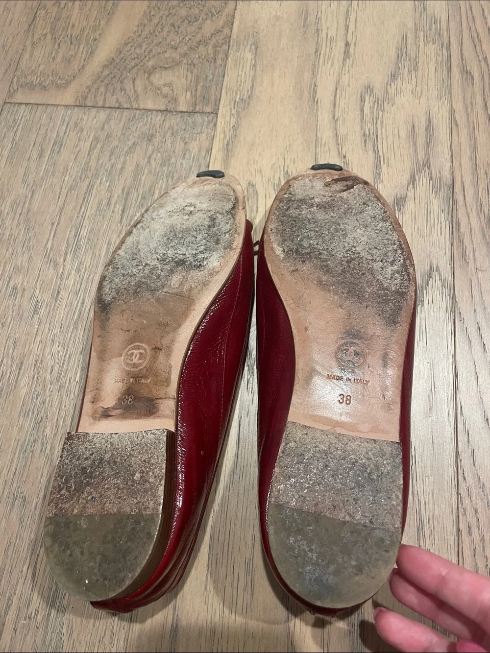CHANEL Burgundy Eel Skin and Cream Cap-Toe Ballet Flats